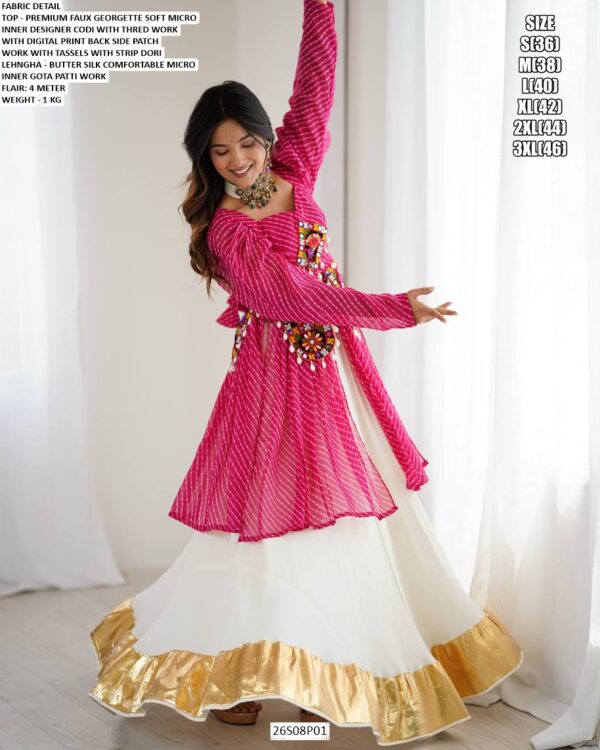 Pink Faux Georgette Thread Work Top With Butter Silk Lehenga Perfect For Garba Nights