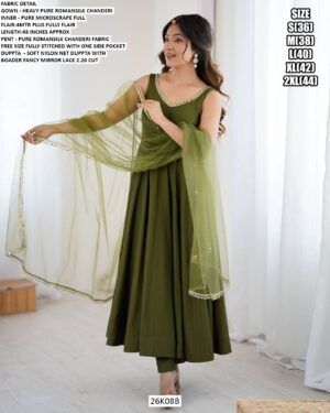 Mehndi Green Colour Chanderi Pure Roman Silk Plain Anarkali Suit Set