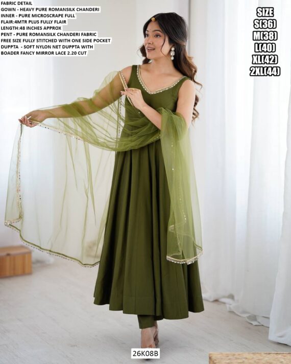 Mehndi Green Colour Chanderi Pure Roman Silk Plain Anarkali Suit Set