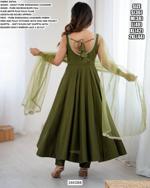 Mehndi Green Colour Chanderi Pure Roman Silk Plain Anarkali Suit Set