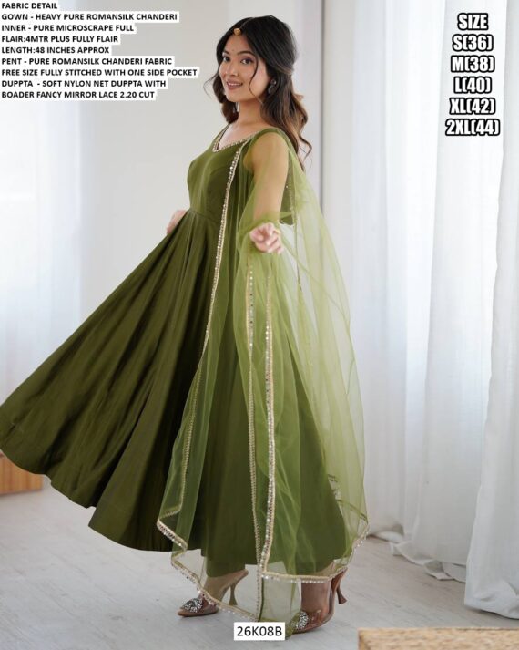 Mehndi Green Colour Chanderi Pure Roman Silk Plain Anarkali Suit Set