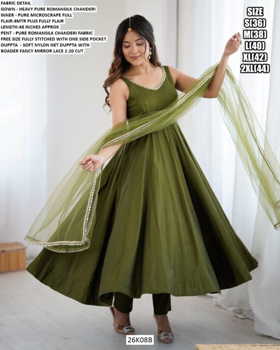 Mehndi Green Colour Chanderi Pure Roman Silk Plain Anarkali Suit Set