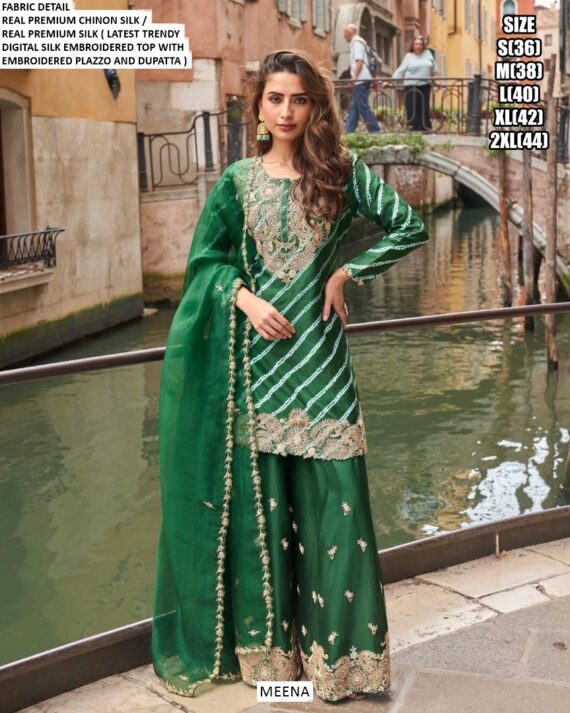 Beautiful Chinon Silk Embroidered Classic Plazo Dresses For Women