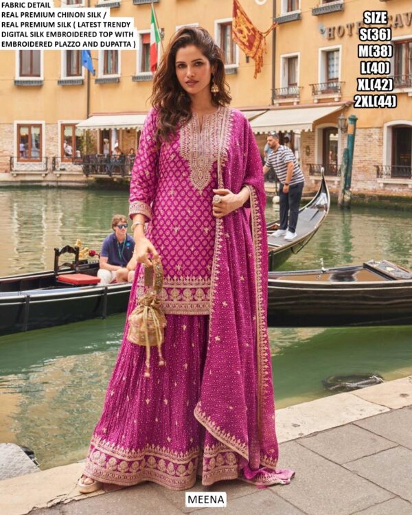 Beautiful Chinon Silk Embroidered Classic Plazo Dresses For Women