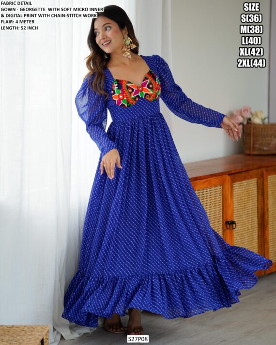 Navratri Special Royal Blue Colour Georgette Digital Print With Gamthi Work Gown