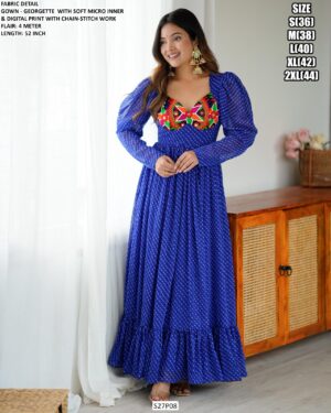 Navratri Special Royal Blue Colour Georgette Digital Print With Gamthi Work Gown