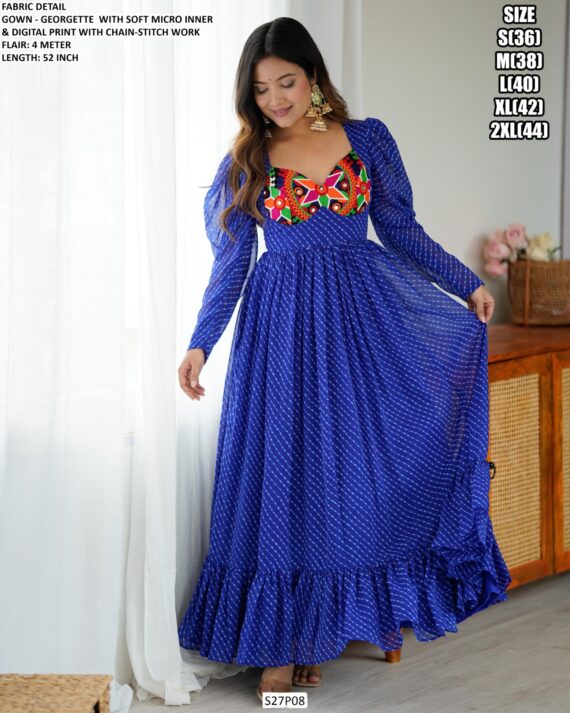 Navratri Special Royal Blue Colour Georgette Digital Print With Gamthi Work Gown