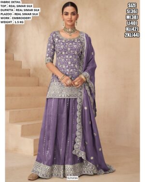 Presenting Latest And Heavy Embroidered Real Simar Silk Three-Piece Plazo Suits