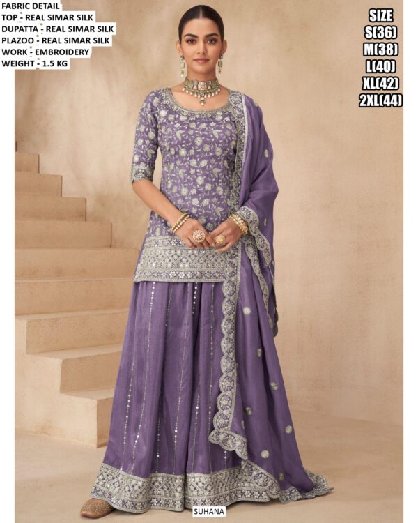 Presenting Latest And Heavy Embroidered Real Simar Silk Three-Piece Plazo Suits