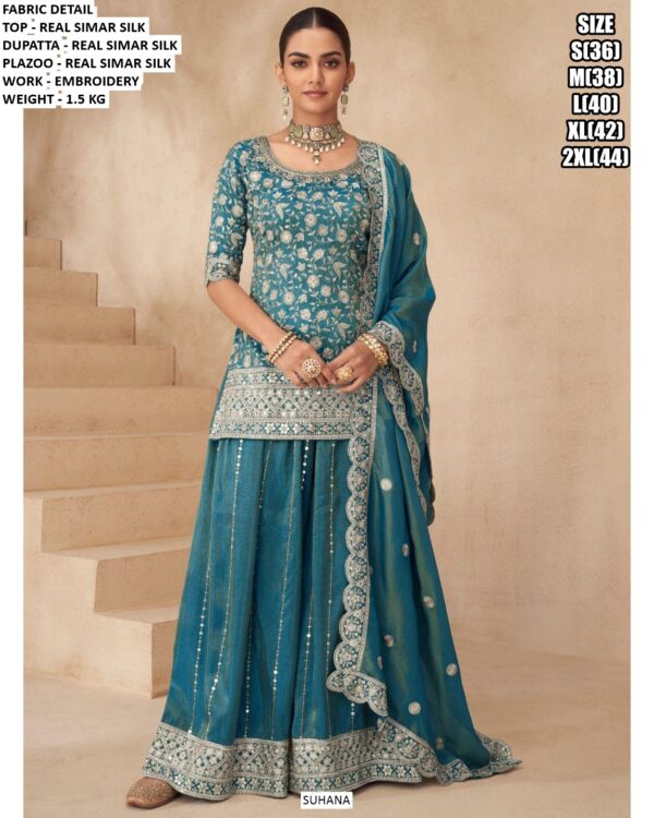 Presenting Latest And Heavy Embroidered Real Simar Silk Three-Piece Plazo Suits