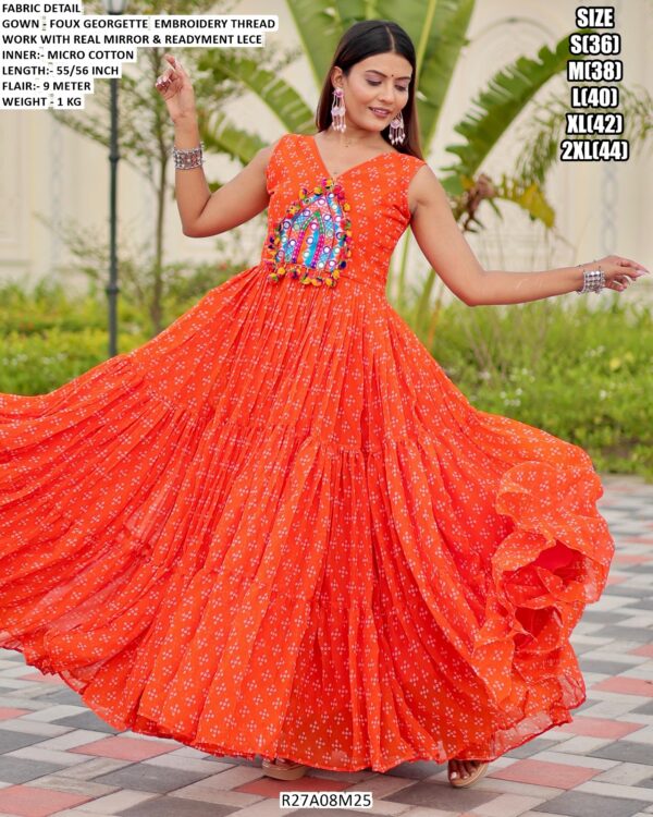 Navratri Special Gamathi Work Faux Georgette Gown With Real Mirror And Lace Detailing
