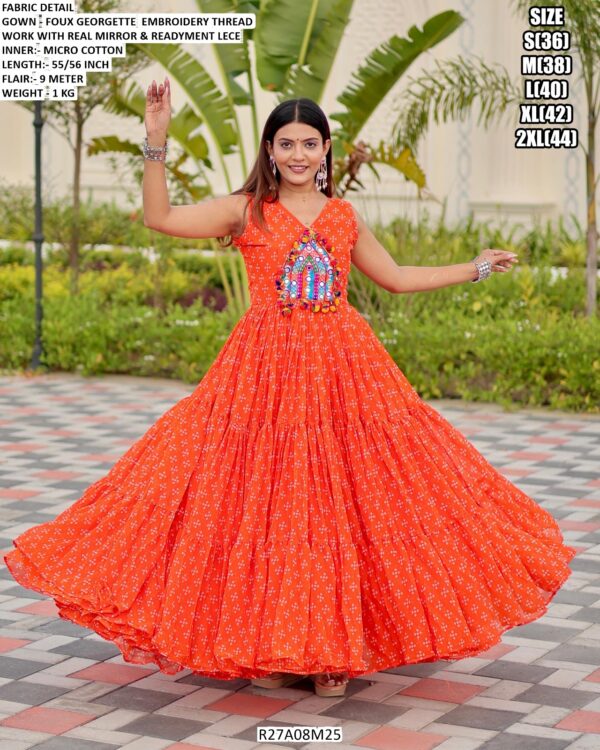 Navratri Special Gamathi Work Faux Georgette Gown With Real Mirror And Lace Detailing