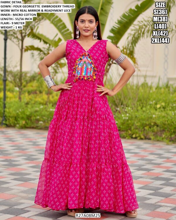 Navratri Special Gamathi Work Faux Georgette Gown With Real Mirror And Lace Detailing