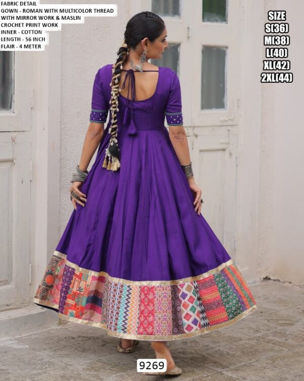 Offering Printed Navratri Gowns Roman Fabric With Thread And Mirror Work