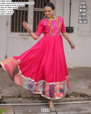 Offering Printed Navratri Gowns Roman Fabric With Thread And Mirror Work