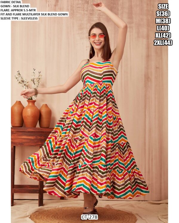 Fit And Flare Multilayer Silk Blend Zigzag Designer Party Wear Gown For Women