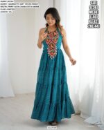 Rama Blue Colour Georgette Fabric Digital Printed Gamathi Work Gown For Navratri