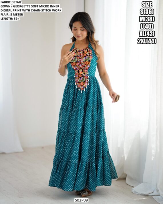 Rama Blue Colour Georgette Fabric Digital Printed Gamathi Work Gown For Navratri