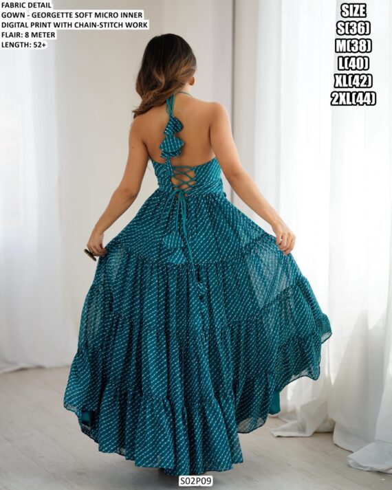 Rama Blue Colour Georgette Fabric Digital Printed Gamathi Work Gown For Navratri