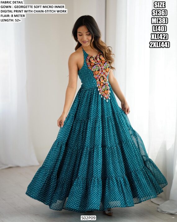 Rama Blue Colour Georgette Fabric Digital Printed Gamathi Work Gown For Navratri