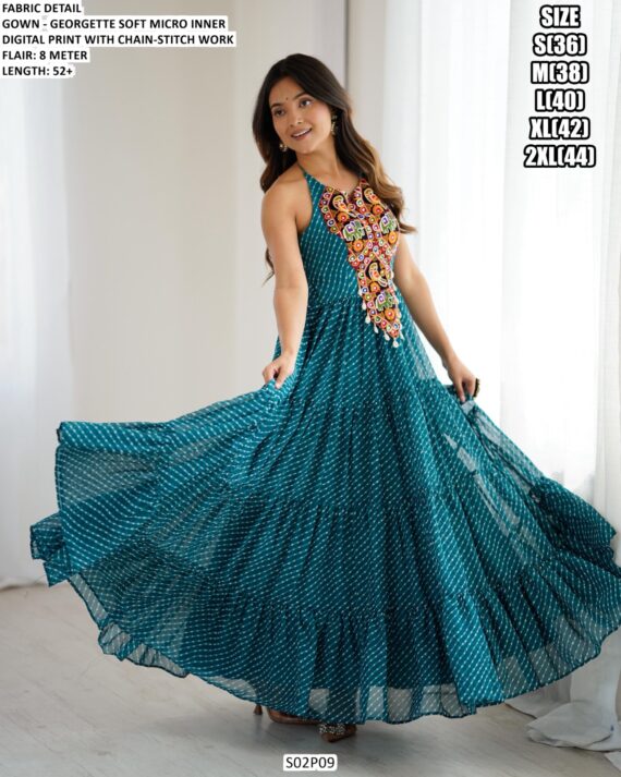 Rama Blue Colour Georgette Fabric Digital Printed Gamathi Work Gown For Navratri