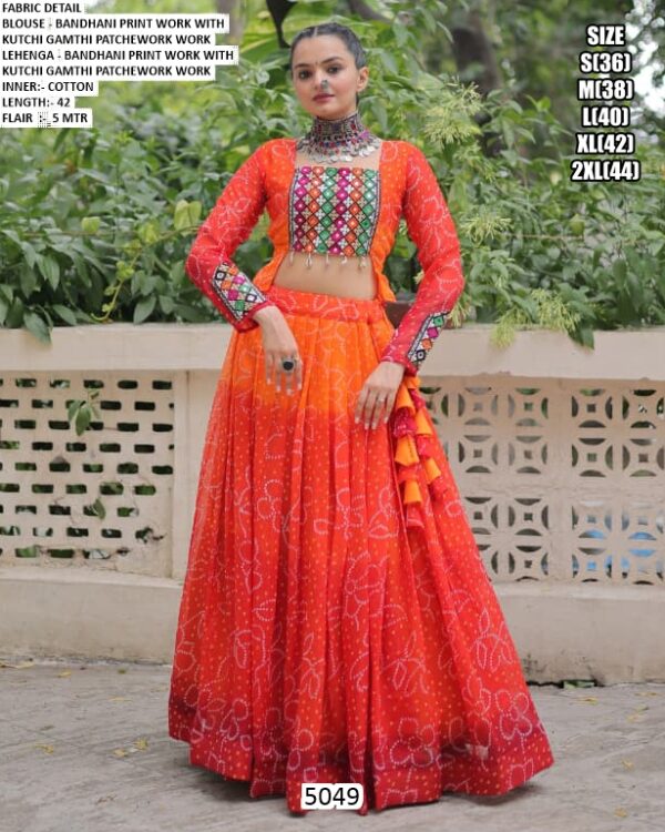 Vibrant Bandhani Print Navratri Chaniya Choli Set With Kutchi Gamathi Patch Work