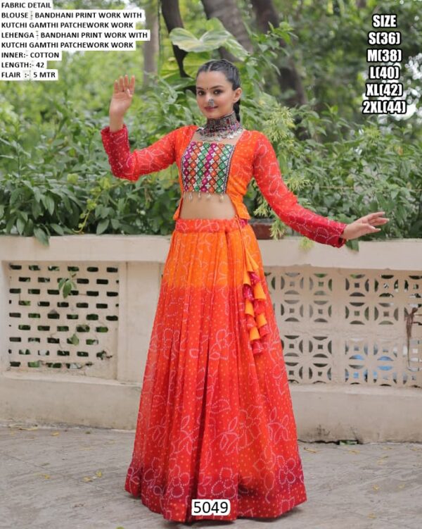 Vibrant Bandhani Print Navratri Chaniya Choli Set With Kutchi Gamathi Patch Work