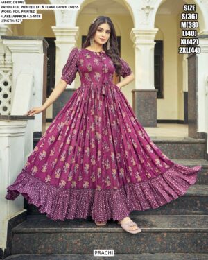 Buy Rayon Casual Wear Foil Printed Readymade Ankle Length Maxi Gowns In Four Colours!