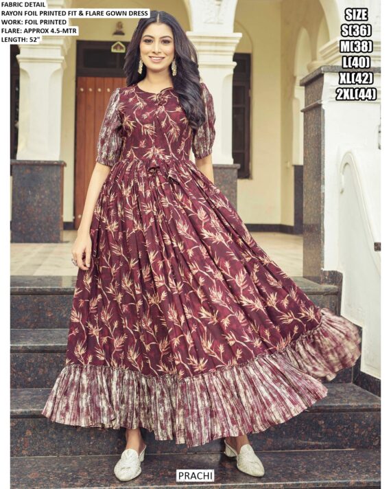 Buy Rayon Casual Wear Foil Printed Readymade Ankle Length Maxi Gowns In Four Colours!
