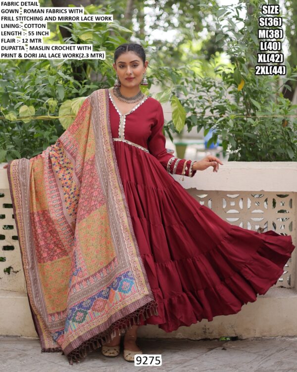 Plain With Mirror Lace Work Roman Fabric Navratri Wear Gown With Printed Dupatta