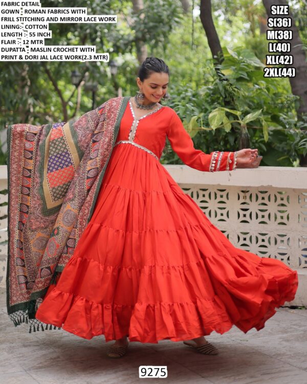 Plain With Mirror Lace Work Roman Fabric Navratri Wear Gown With Printed Dupatta