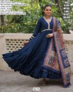Plain With Mirror Lace Work Roman Fabric Navratri Wear Gown With Printed Dupatta