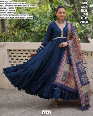 Plain With Mirror Lace Work Roman Fabric Navratri Wear Gown With Printed Dupatta