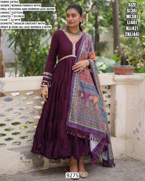 Plain With Mirror Lace Work Roman Fabric Navratri Wear Gown With Printed Dupatta