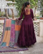 Plain With Mirror Lace Work Roman Fabric Navratri Wear Gown With Printed Dupatta