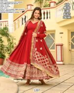 Red Faux Blooming Gown With Dupatta With Attractive Embroidered Sequins Work