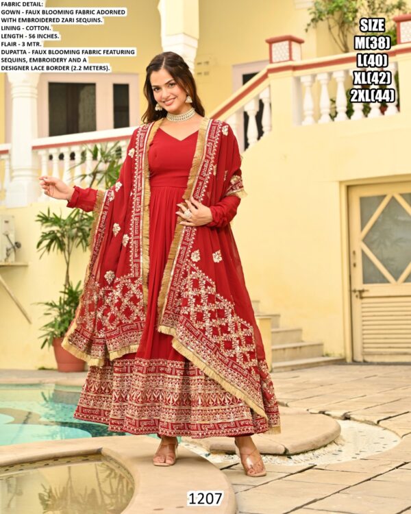 Red Faux Blooming Gown With Dupatta With Attractive Embroidered Sequins Work