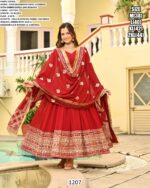 Red Faux Blooming Gown With Dupatta With Attractive Embroidered Sequins Work