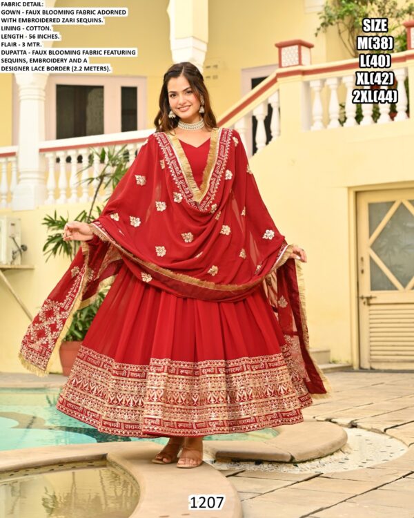 Red Faux Blooming Gown With Dupatta With Attractive Embroidered Sequins Work