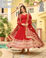 Red Faux Blooming Gown With Dupatta With Attractive Embroidered Sequins Work