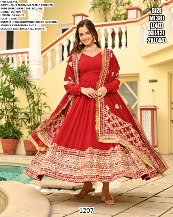 Red Faux Blooming Gown With Dupatta With Attractive Embroidered Sequins Work
