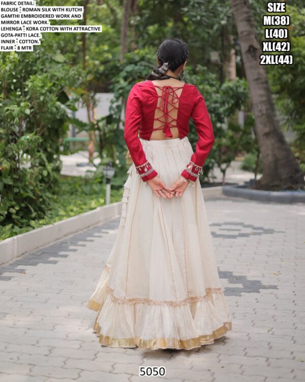 Roman Silk Lehenga With Kutchi Gamthi Embroidered Blouse For Navratri Festival