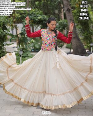 Roman Silk Lehenga With Kutchi Gamthi Embroidered Blouse For Navratri Festival