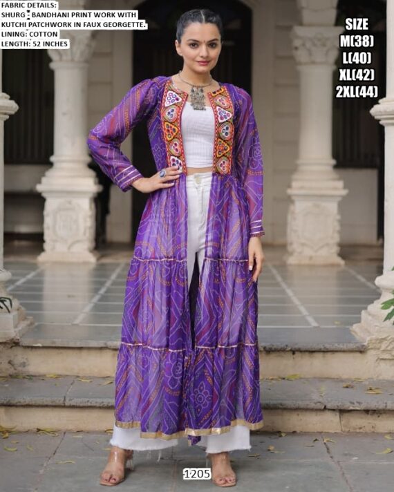 Faux Georgette Bandhani Printed Kutchi Patchwork Navratri Special Shrug Dresses