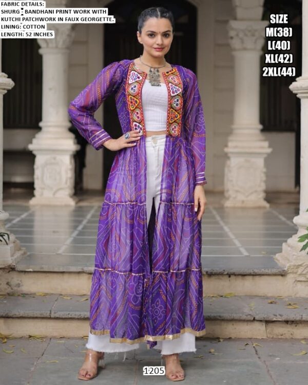 Faux Georgette Bandhani Printed Kutchi Patchwork Navratri Special Shrug Dresses