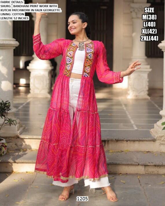 Faux Georgette Bandhani Printed Kutchi Patchwork Navratri Special Shrug Dresses