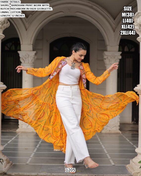 Faux Georgette Bandhani Printed Kutchi Patchwork Navratri Special Shrug Dresses