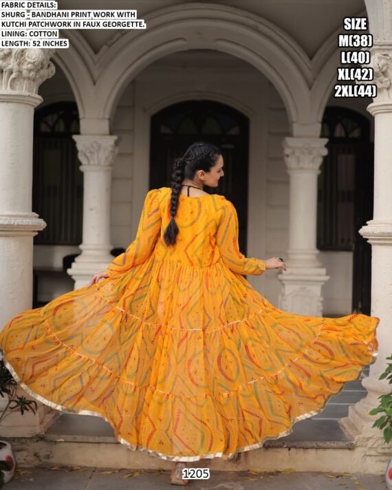 Faux Georgette Bandhani Printed Kutchi Patchwork Navratri Special Shrug Dresses