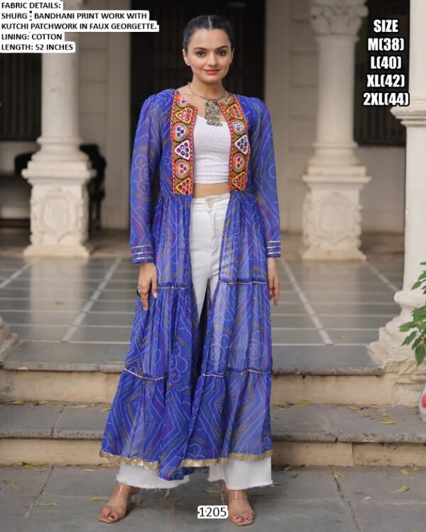 Faux Georgette Bandhani Printed Kutchi Patchwork Navratri Special Shrug Dresses