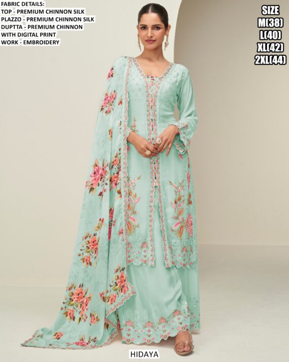 Premium Chinon Silk Floral Printed And Embroidered Readymade Plazo Suit Catalogue